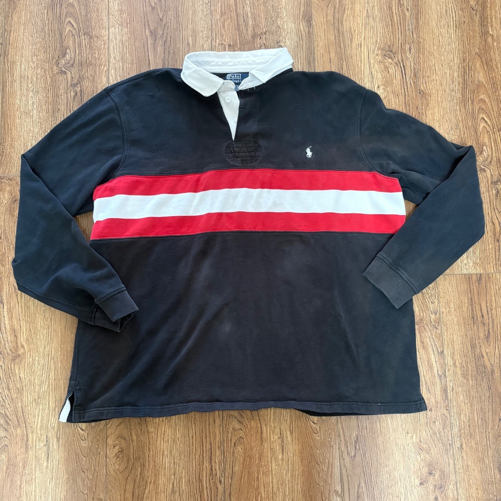 Polo Ralph Lauren Shirt Mens 3XLT Black Red Stripe Rugby Long Sleeve y2k Flaw